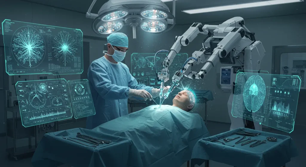 Robotic surgery implanting Elon Musk Neuralink brain computer interface chip