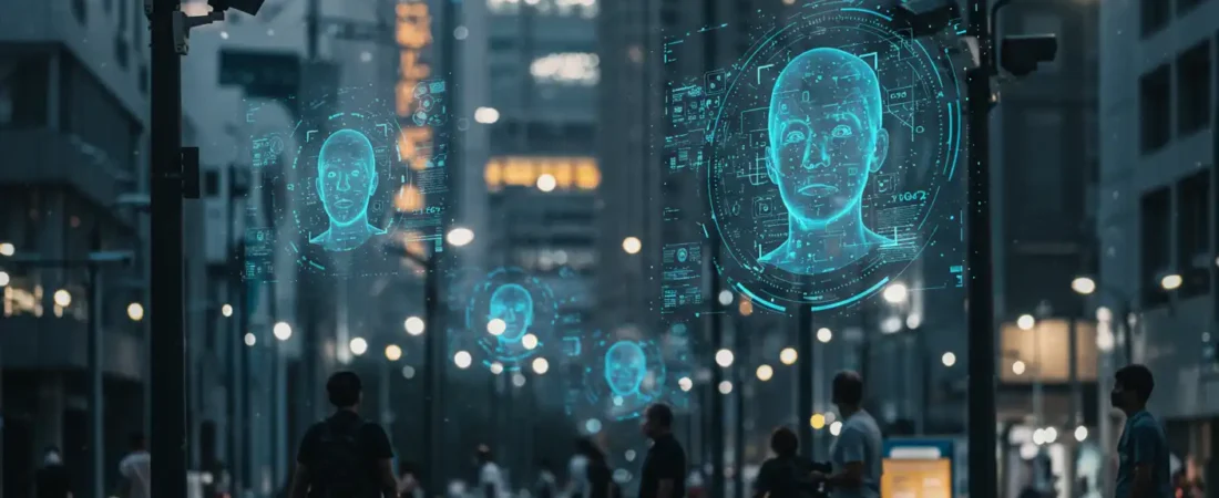 security surveillance cameras scanning pedestrians with AI facial recognition in a futuristic city