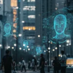 security surveillance cameras scanning pedestrians with AI facial recognition in a futuristic city