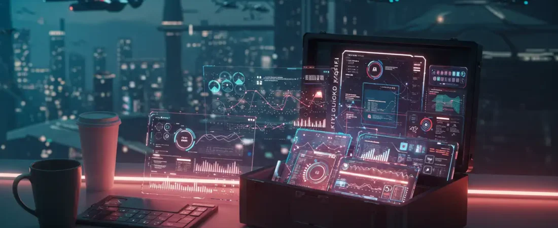 AI-powered tools box with productivity and time management apps in a futuristic workspace