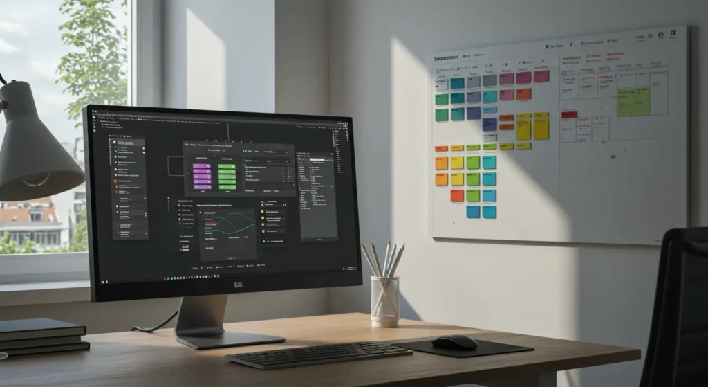Notion AI smart planner with AI-generated task prioritization and database integration in a modern workspace. Representing your Tools Box with notion AI.