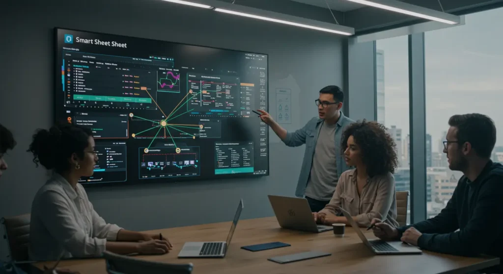 Smart Sheet AI project management dashboard with real-time alerts and task dependencies in a collaborative workspace as part of a comprehensive tools box